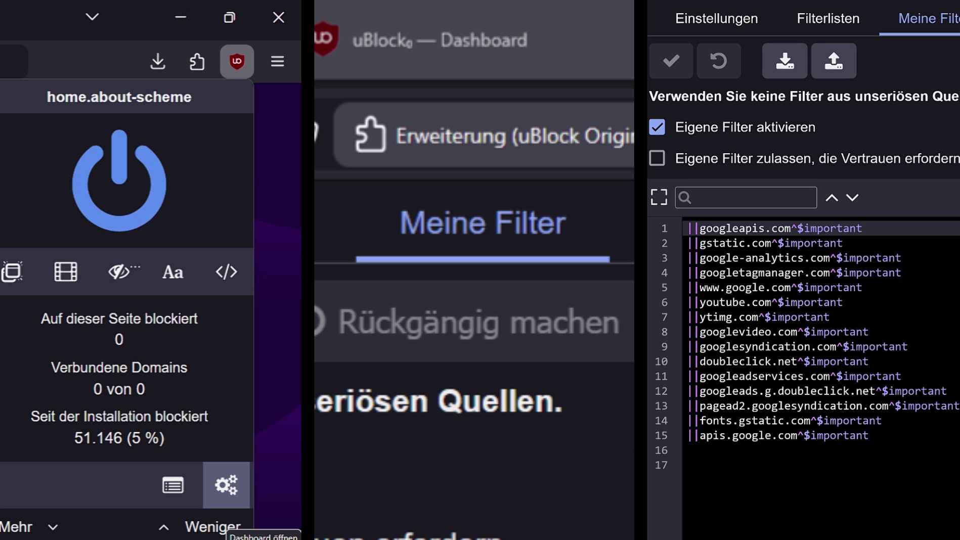uBlock Dashboard Screenshot