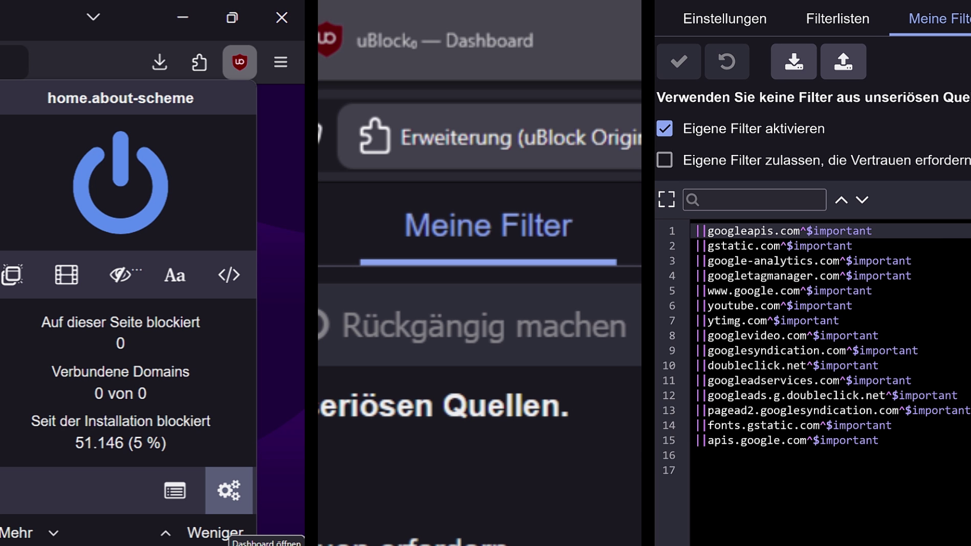 uBlock Dashboard Screenshot